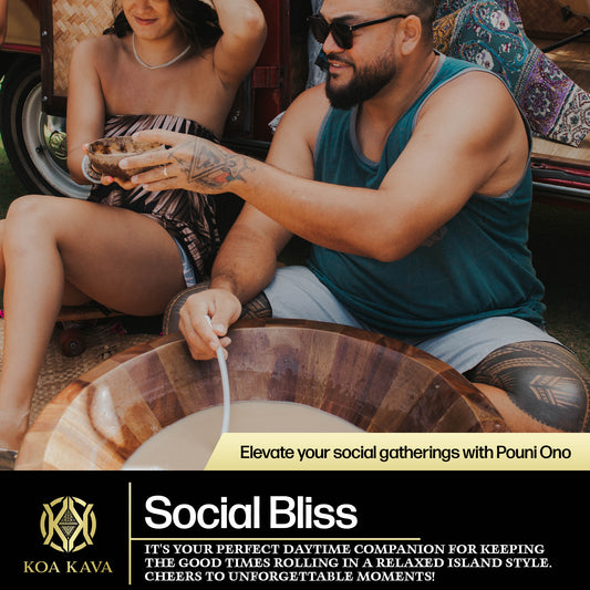 A couple enjoys a laid-back moment together in a tropical setting, sharing a bowl of Koa Kava Tongan Premium Kava Root Powder, with an atmosphere of island relaxation and social enjoyment.