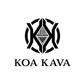 Monochrome tribal-inspired logo for the 'Koa Kava Gift Card' featuring symmetrical patterns and intricate design elements.