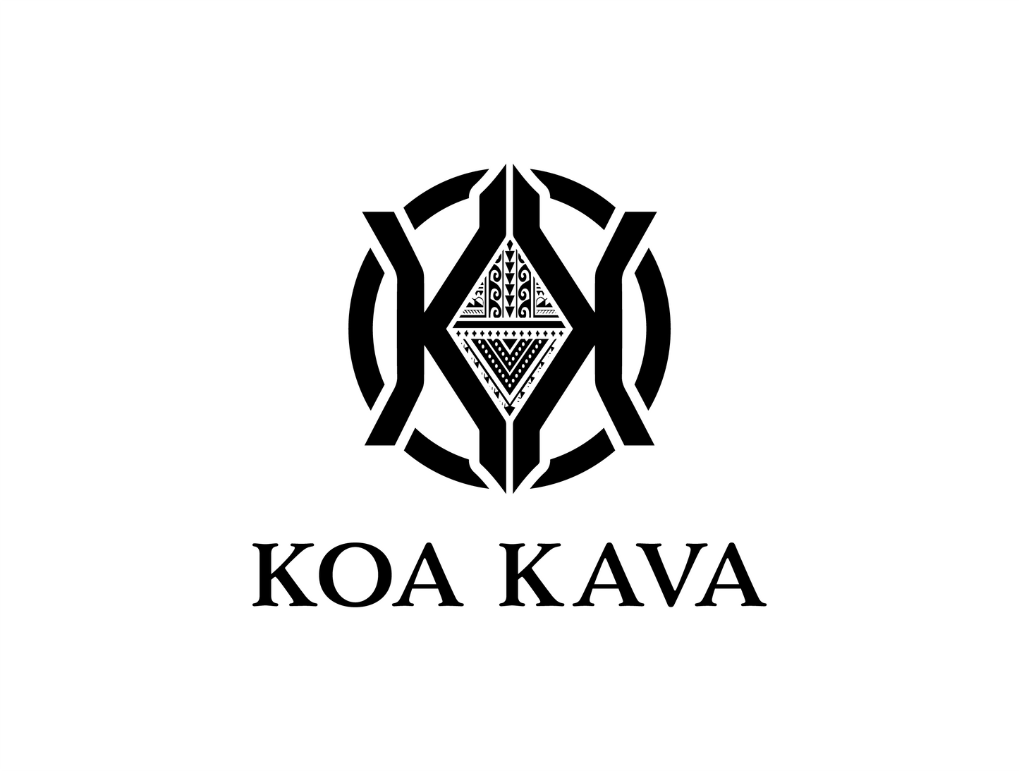 Monochrome tribal-inspired logo for the 'Koa Kava Gift Card' featuring symmetrical patterns and intricate design elements.