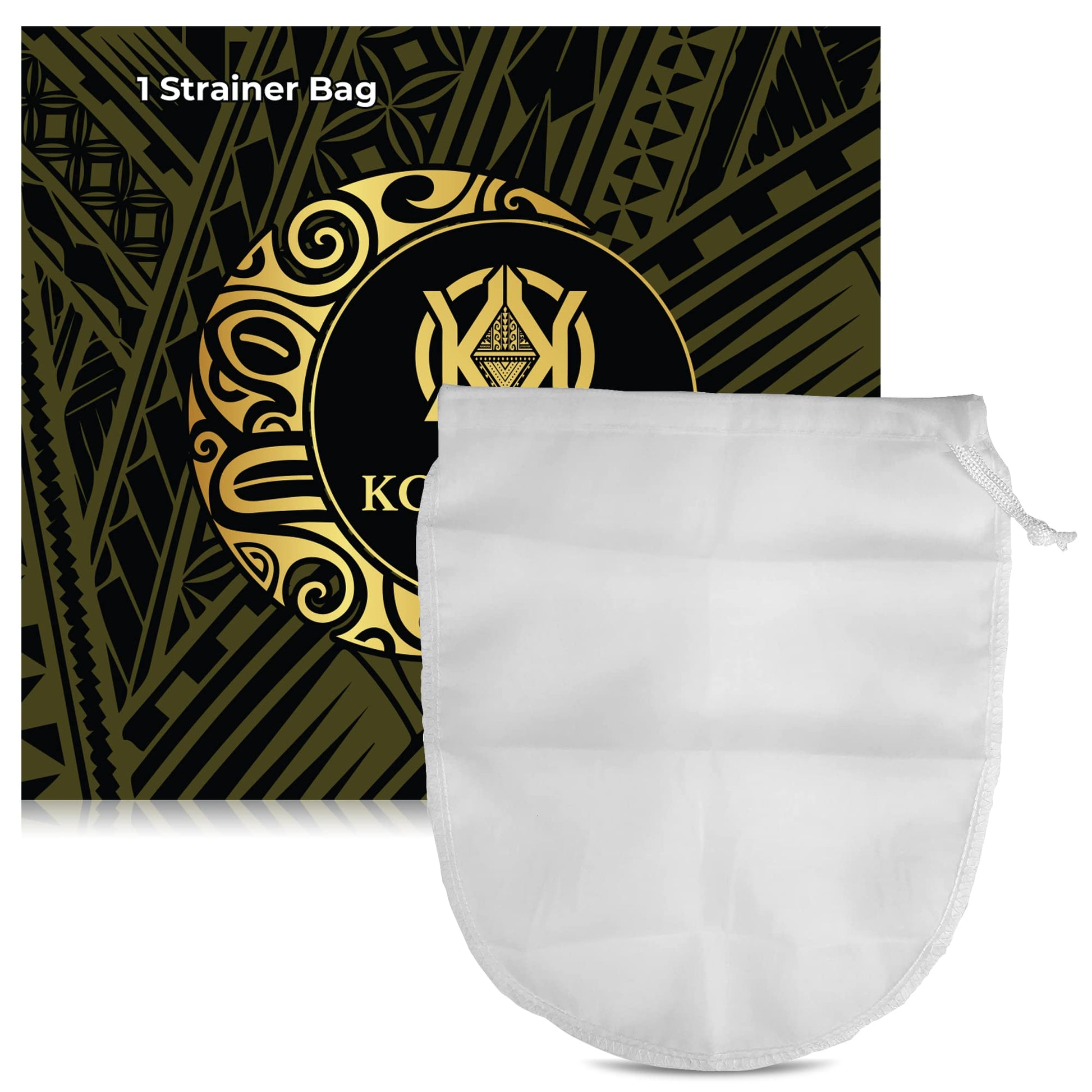 A white Koa Kava Traditional Kava Strainer Bag displayed in front of its packaging, which is adorned with intricate black and gold Polynesian-inspired patterns and a central emblem with the letters "ko".