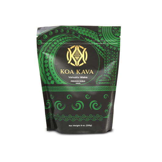 A standing pouch of Koa Kava Vanuatu Waka Premium Kava powder with distinctive Polynesian-inspired green patterns on a white background, offering relaxation.