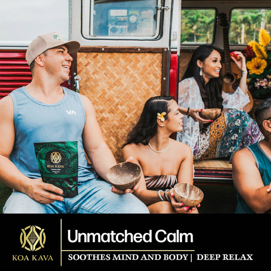 Group of friends enjoying a moment of relaxation with Koa Kava's Vanuatu Waka Premium Kava drinks, sharing laughter and good times in a vintage van setting.