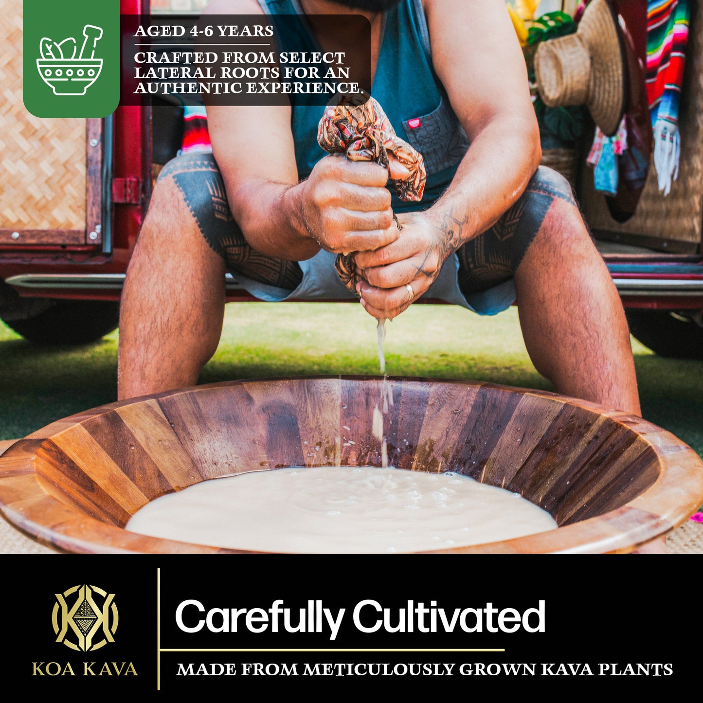 Preparation of traditional Vanuatu Waka Premium Kava beverage with meticulous craftsmanship, showcasing the authenticity of its cultural roots by Koa Kava.