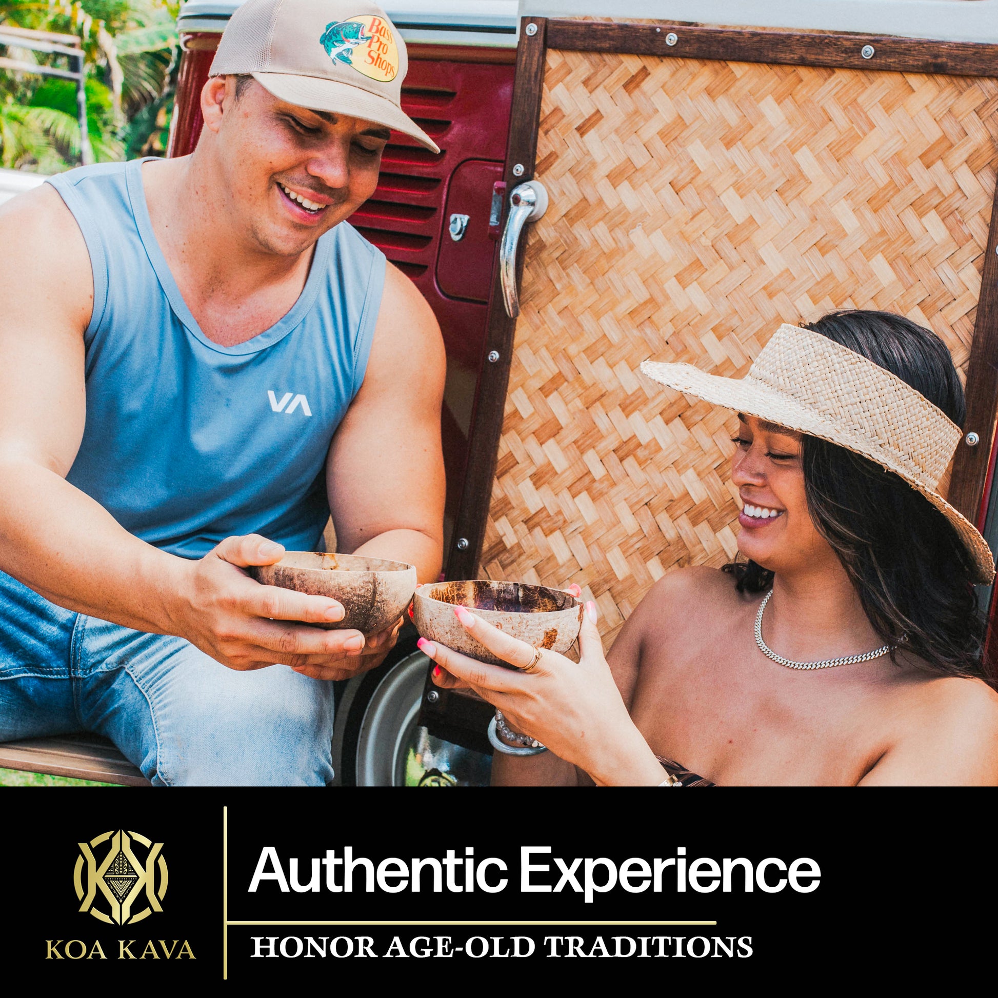 Two friends sharing a Koa Kava Fiji Waka Premium Kava drink, enjoying a moment of cultural connection and relaxation.