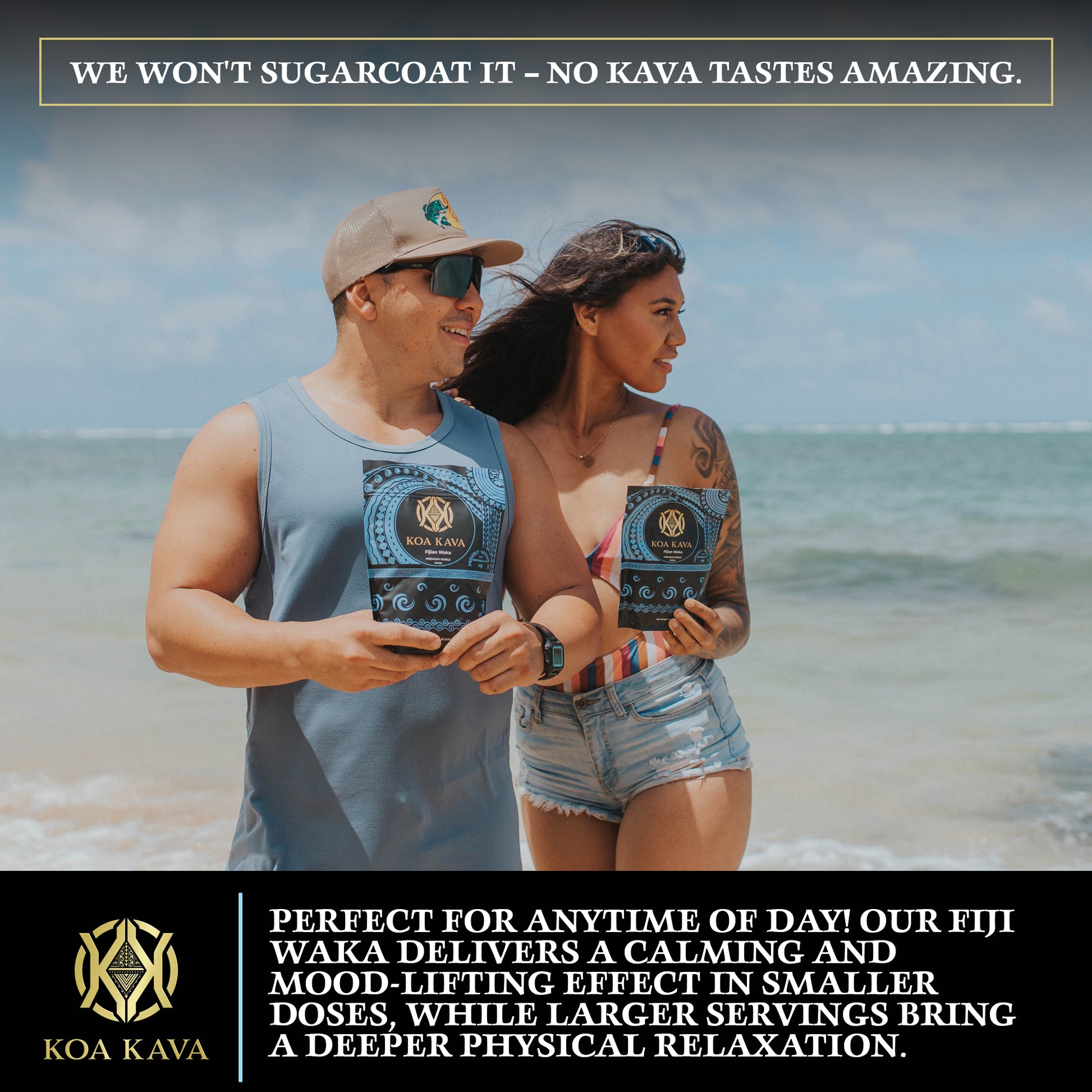 Two friends smiling and enjoying a sunny beach day, showcasing their enthusiasm for Fiji Waka Premium Kava, with text suggesting the drink offers relaxation benefits without the best taste.