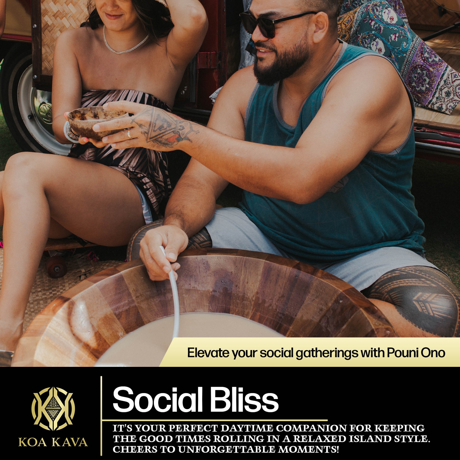 Two friends enjoying a laid-back afternoon with a bowl of Koa Kava's sample pack of Premium Tongan, Vanuatu, and Fiji kava, embracing the island lifestyle.