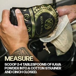 Preparing a Traditional Kava Brewing: a person with tattooed arms is measuring 2-4 tablespoons of kava powder into a Koa Kava Traditional Kava Strainer Bag with Drawstring before securing it closed.