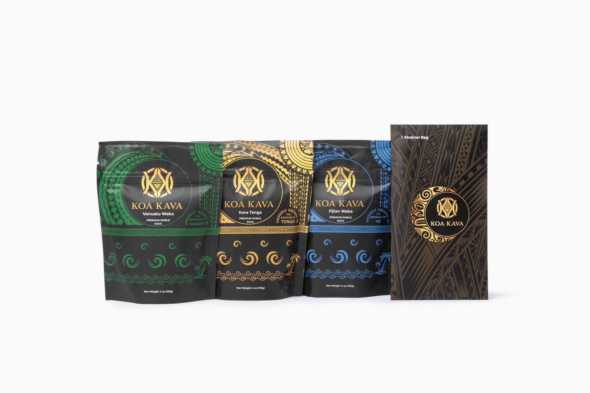 Four elegantly designed packages of Sample Pack - Premium Tongan, Vanuatu, and Fiji Kava by Koa Kava displayed in a row against a white background, showcasing a variety of flavor options with visually appealing patterns and branding.