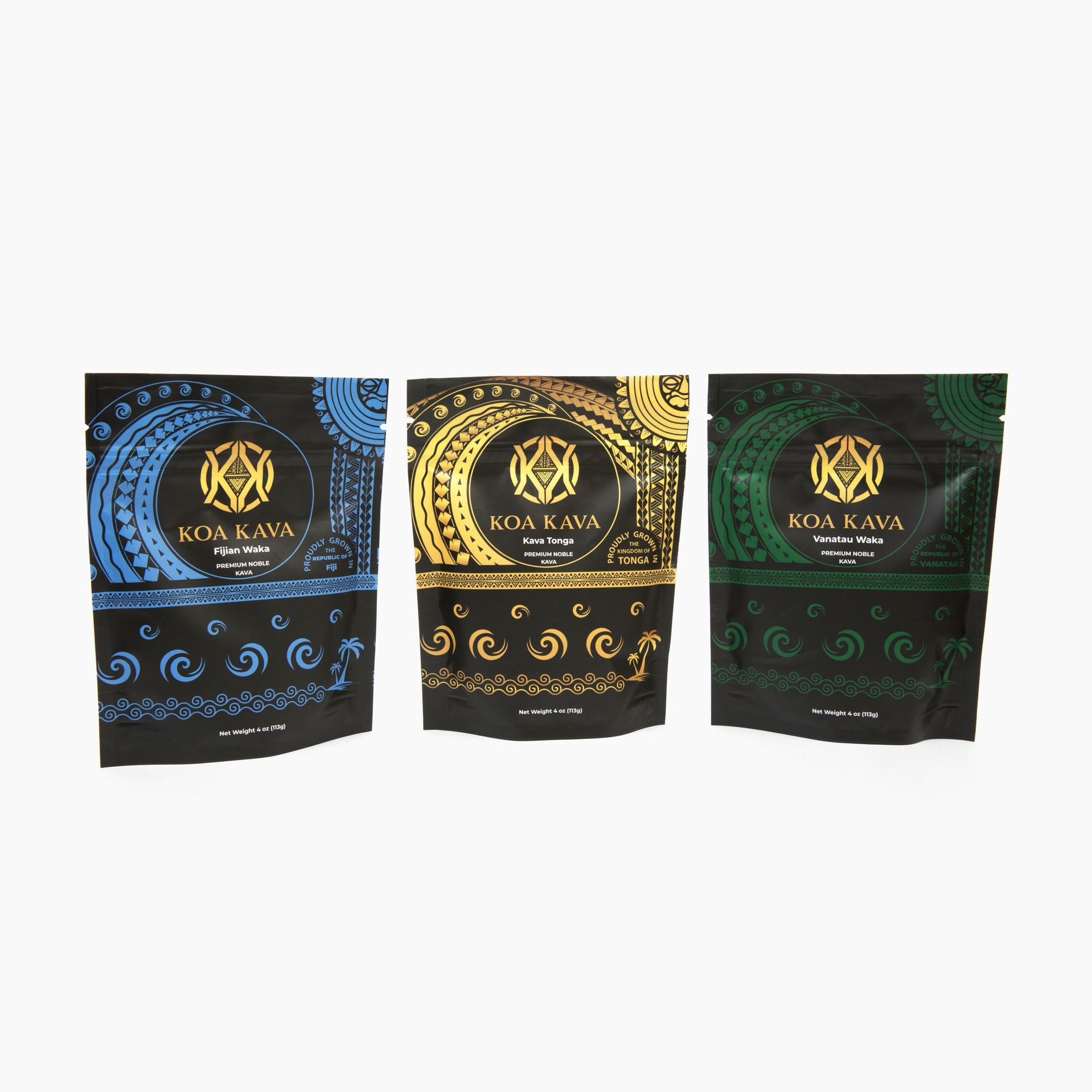 Three packages of Sample Pack - Premium Tongan, Vanuatu, and Fiji Kava in varying designs and colors, isolated on a white background by Koa Kava.